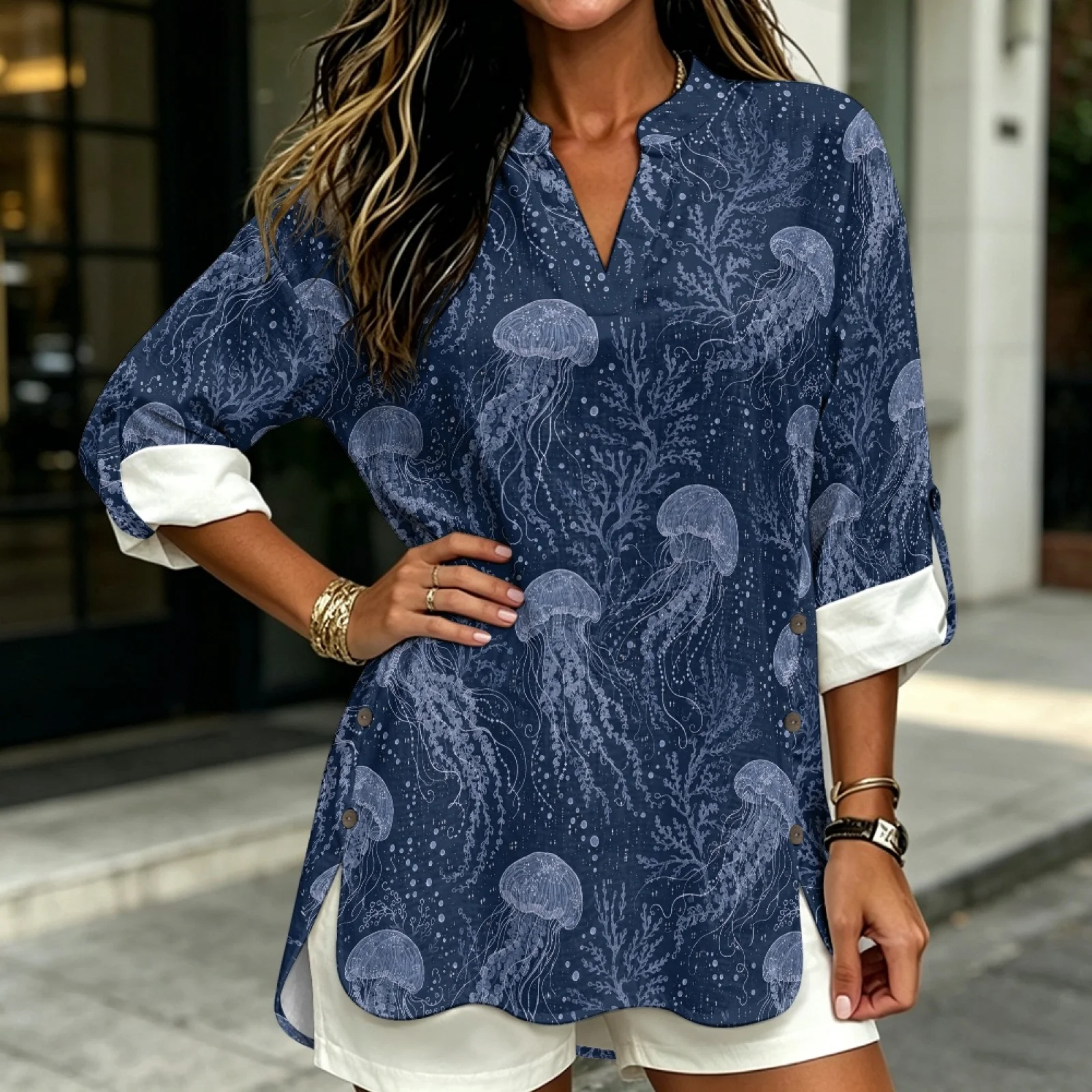 PENSTROLL Roll Up Sleeve Linen Like V Neck Loose Fit Tunic Top Trendy Dressy Casual Blouses for Beach Navy Jellyfish Pattern