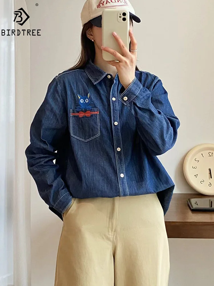 

New Spring Denim Loose Fashion Shirt Women Embroidery Long Sleeve Lapel Tops Girl Sweet Casual Blouses 2024 Summer T44619QM