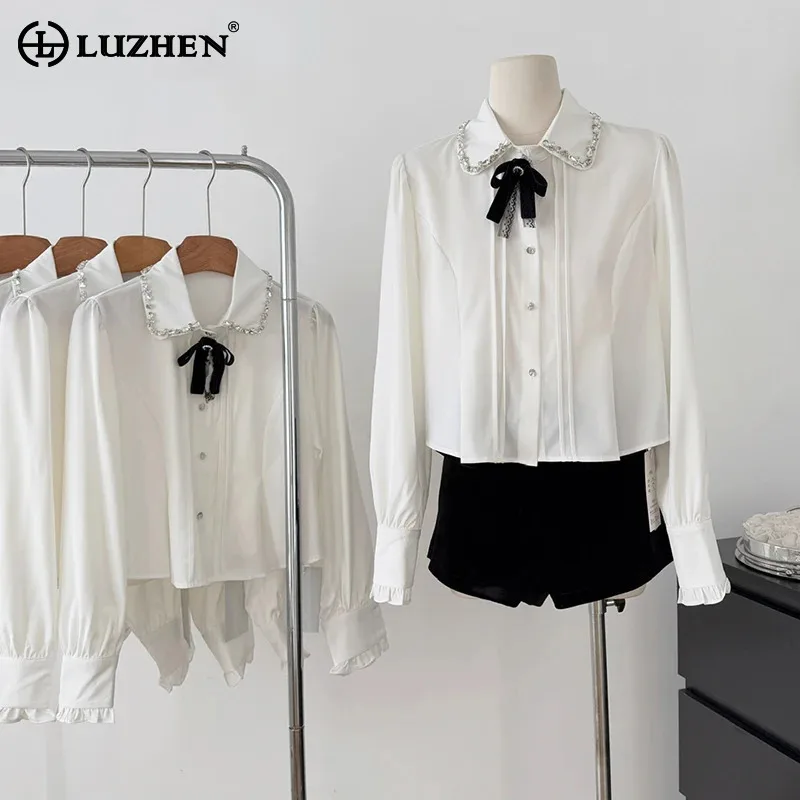 LUZHEN Korean Fashion Drawstring Bow Decorate Long Sleeve Shirts Women's 2025 Spring Elegant Solid Color Casual Blouse AA2941