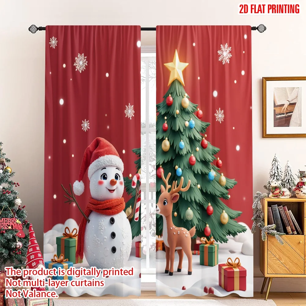 

2pcs 2D flat printing Merry Christmas Popular Curtains Cute Snowman Deer Christmas Tree Fabric Without Electricity Holiday