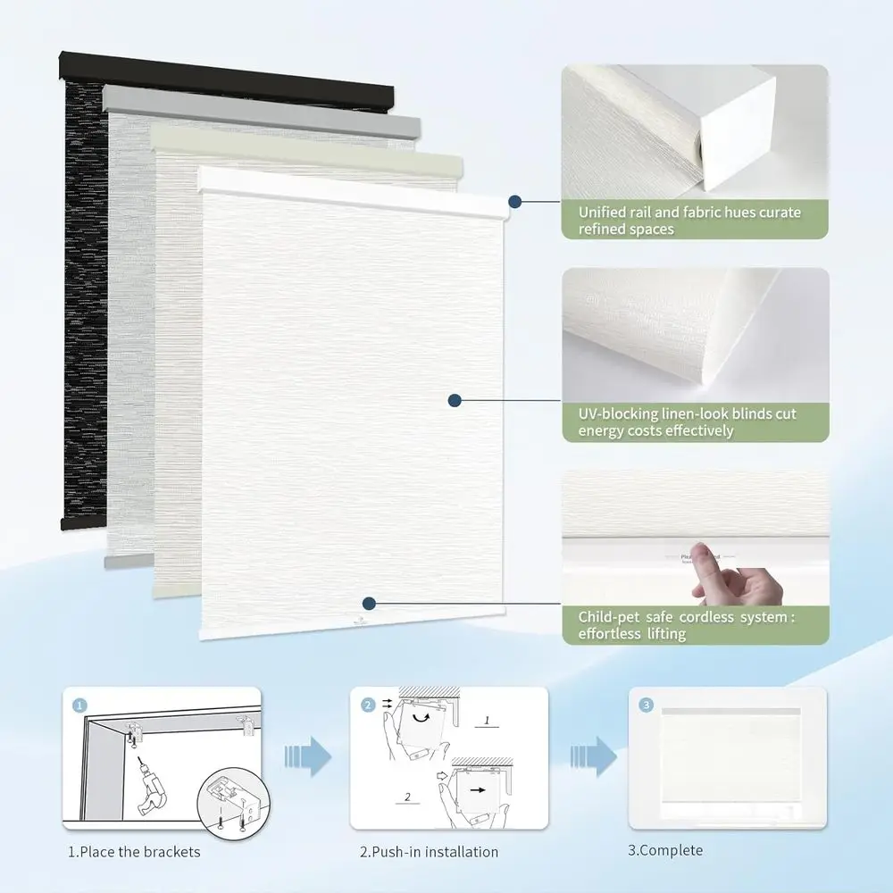 ม่านม้วนกรองแสงไร้สาย ขนาด 46 นิ้ว กว้าง x 72 นิ้ว สูง - ม่านแบบมีฉนวนสไตล์ผ้าลินินทันสมัยสำหรับบ้านและสำนักงาน (สีขาว)