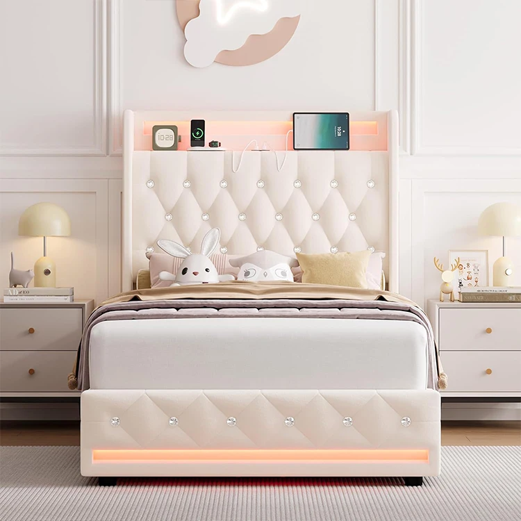 

Upholstered Metal Platform Storage Bed Large Storage Double Bed Frame Buttons Tufted Leather Bed with LED Light