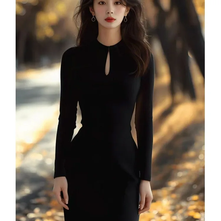 Bla Knitted Dr feminino 2025 nova primavera outono Ele Lady emagrecimento longo saia camada base Sve fibra de poliéster commute...