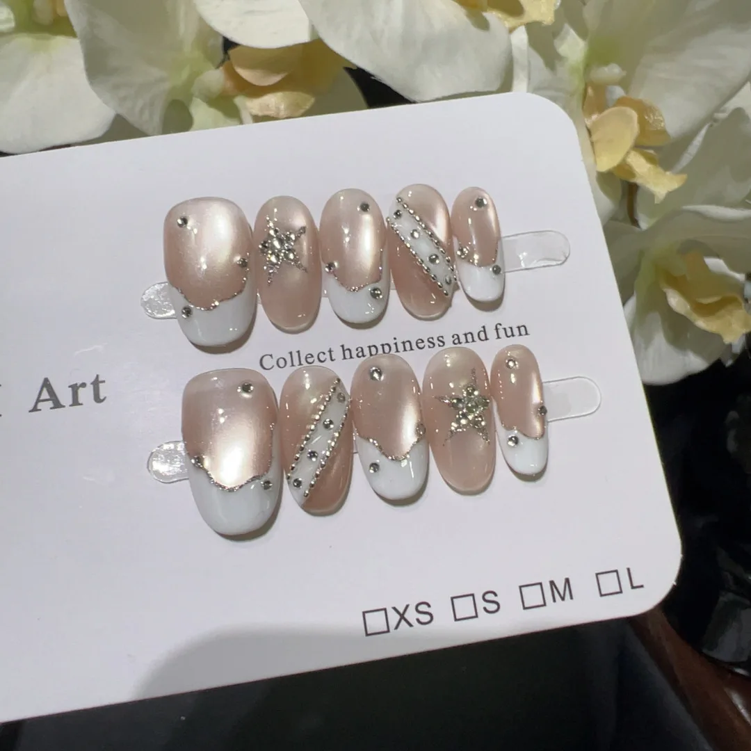 

10 шт. коротких овальных накладных ногтей ручной работы, нюдово-розовые, белые, французский дизайн со стразами, милые искусственные ногти, накладные ногти для маникюра, для девочек