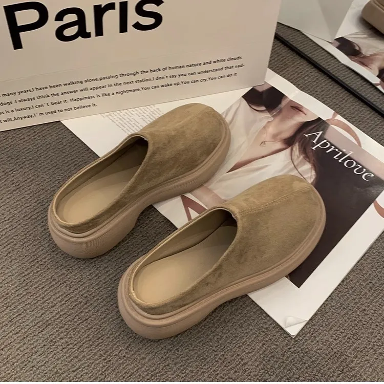 Khaki Slippers Women Shoes Casual Mules Slippers Flat Cover Toe Slides Platform Loafers Comfortable Versatile Women Pantofle 40