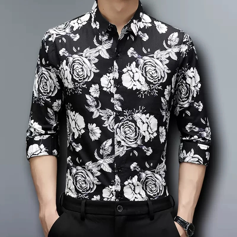 

Vintage Casual Shirts For Men Floral 3D Print Luxury Long Sleeved Spring High Quality Mercerized Cotton Fashion Camisa Masculina