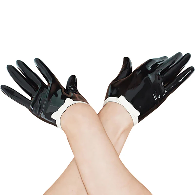 Black And White Trims At Top Sexy Short Mini Latex Gloves With Bows Rubber Mittens ST-0121