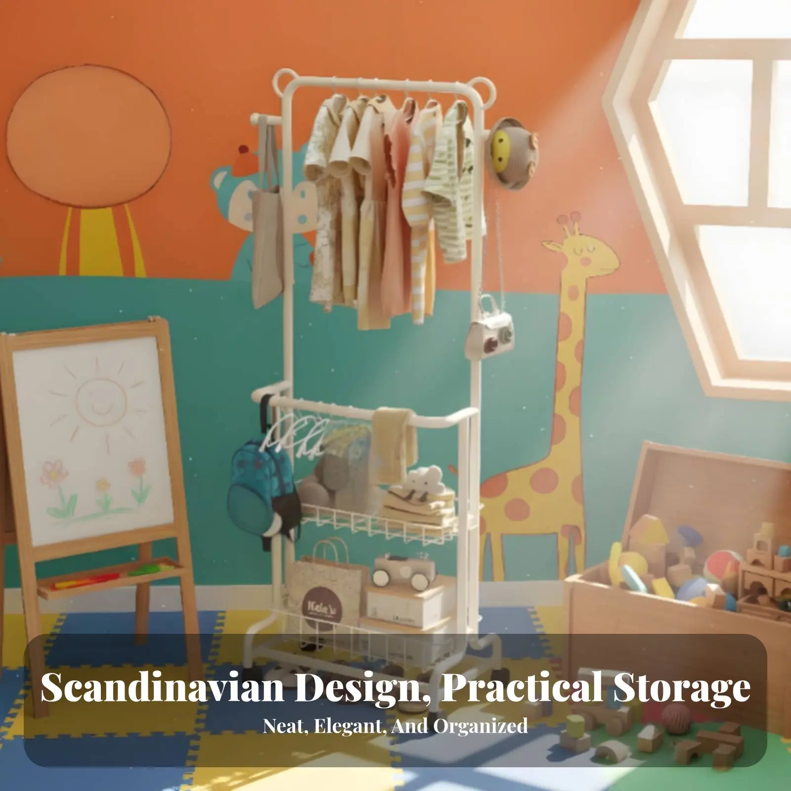 

childs' Mobile Clothes Rack Child-Appropriate Height Young Child Dress-up Station Multi-Functional Space-Saving Design