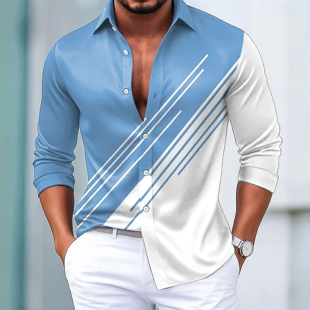 

Men's Geometric stripe Long Sleeve Shirt Fashion Casual Formal Vacation Dailywear Spring Fall Turndown 3D Print Button Up Shirts