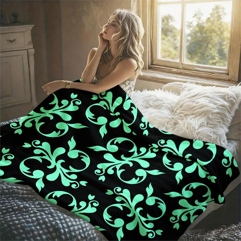 Mint Baroque Floral Black Flannel Blanket Perfect for Sofa Office Bed Travel Sleep Read Relax Camping Four Season Use