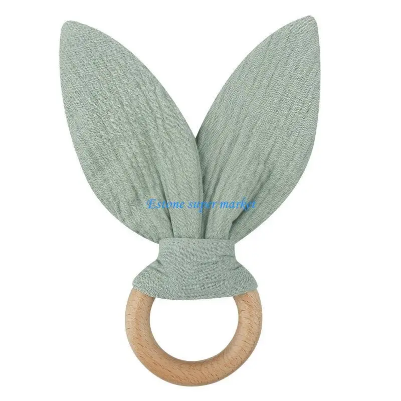 090B Wooden Baby Teether Cotton Cloth Teething Ring Rattle Toy for Newborn Boys Girls Appease Chewing Gift