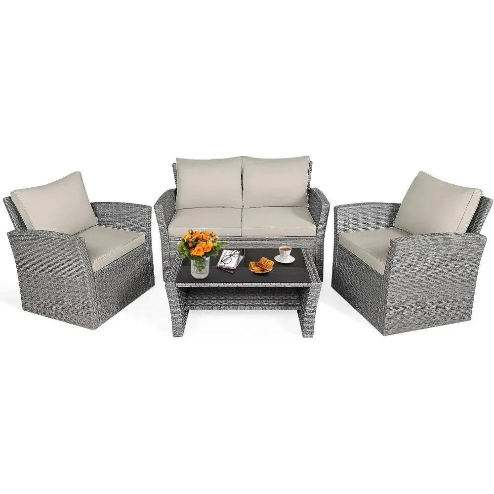 4 Pieces Patio Furniture Set, All Weather Outdoor Sectional Rattan Sofa Set with Cushions & Tempered Glass Table, for Backyard