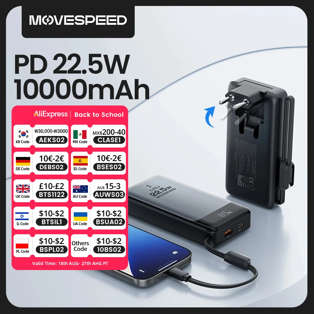 MOVESPEED MSP17 Power Bank 10000mAh 22.5W Portable Fast Charger and Battery in one Powerbank with Folding EU plug for Smartphone
