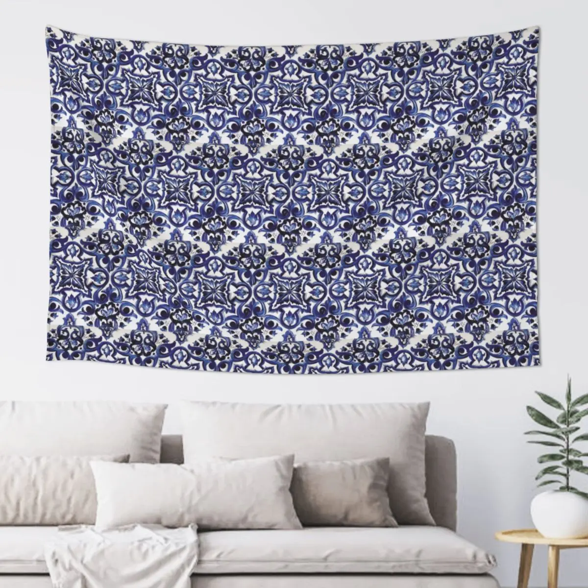 Blue Ornate Floral Mediterranean Sicilian Tile Tapestry Funny Wall Hanging Aesthetic Home Decor Tapestries for Living Room Room