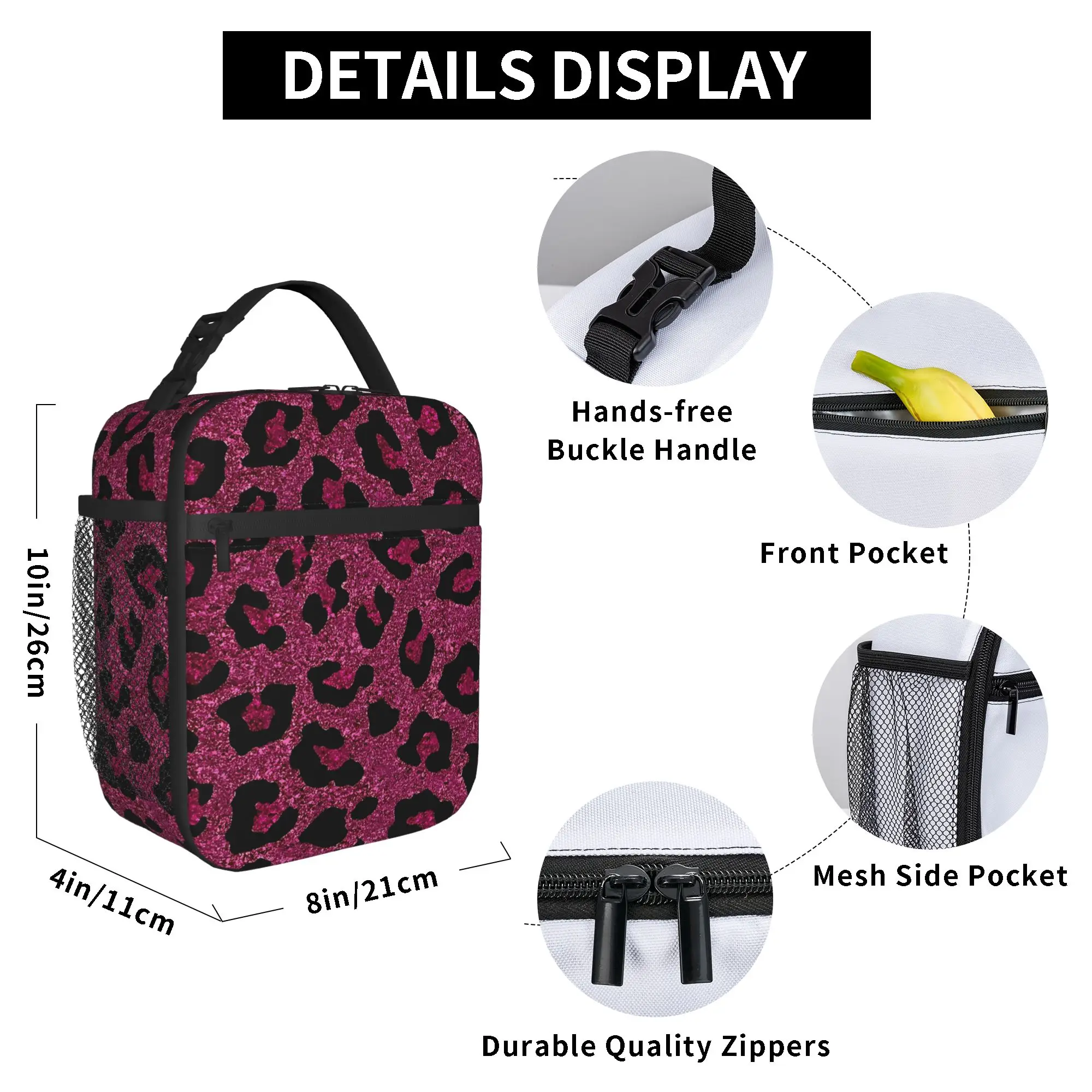 Pink Glitter Leopard Print Lunch Bag  Funny Lunch Box For Child  Outdoor Picnic Cooler Bag Oxford Thermal Tote Handbags