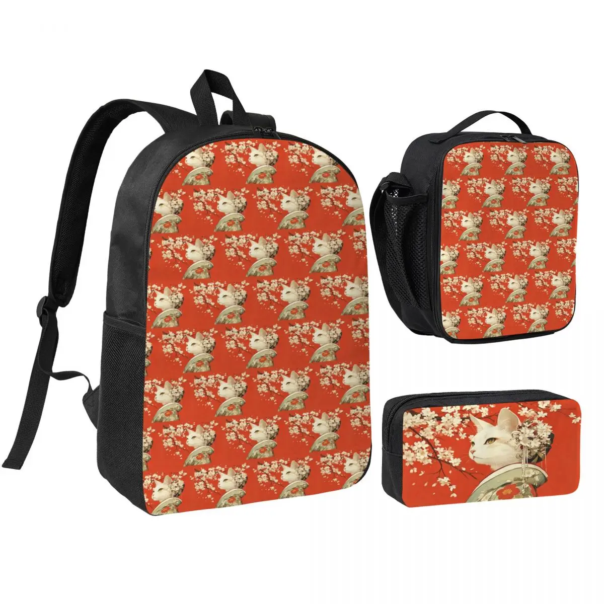 Japanese Ukiyo-E Style Cat And Cherry Blossom Backpack BookBag School Bag Shoulder Bags 3ps Insulated Lunch Bag Pencil Case
