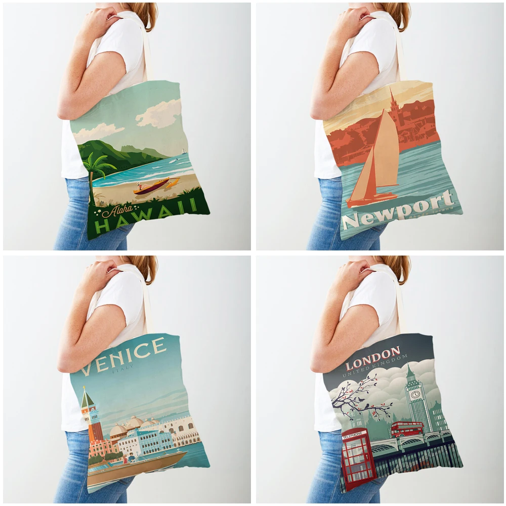 Cartoon City Travel Landscape Shopper Bags Tote Lady Handbag Both Sides New York London Madrid Casual Canvas Women Shopping Bag