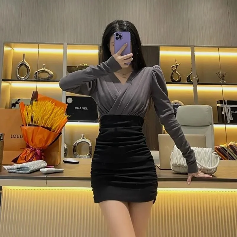 

plus Size V-Ne Dr Women's Slimming ort Sle Meat Concealing Korean Version Commute Sle Long Sve Spring Dr