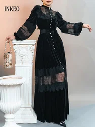 Vintage Women's Velvet lace patchwork Maxi dress 2024 Autumn winter Luxury Elegant Long shirt dresses Large size INKEO 4D118