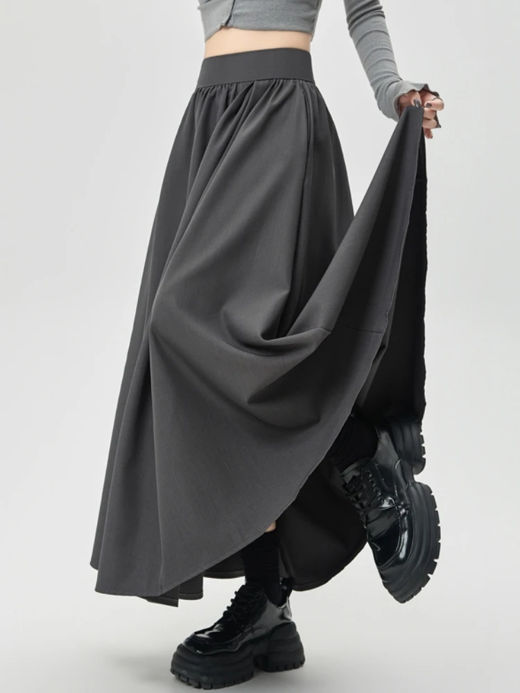 Grey Black Midi Long Skirts Womens Maxi Skirt 2024 Autumn Winter Suit Skirt Office Lady Vintage High Waist Ruffle Pleated Skirts