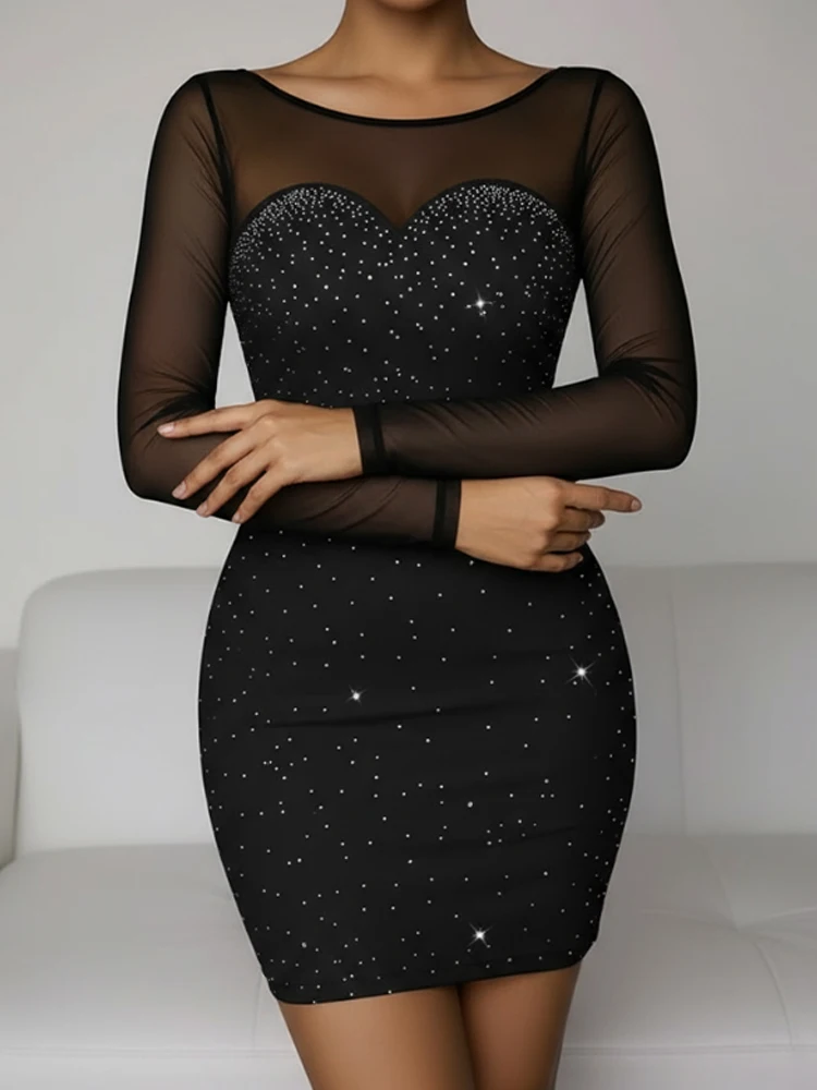 حجر الراين بقماش شفاف فستان قصير شبكة كم طويل زيبر الظهر Bodycon اللباس #1