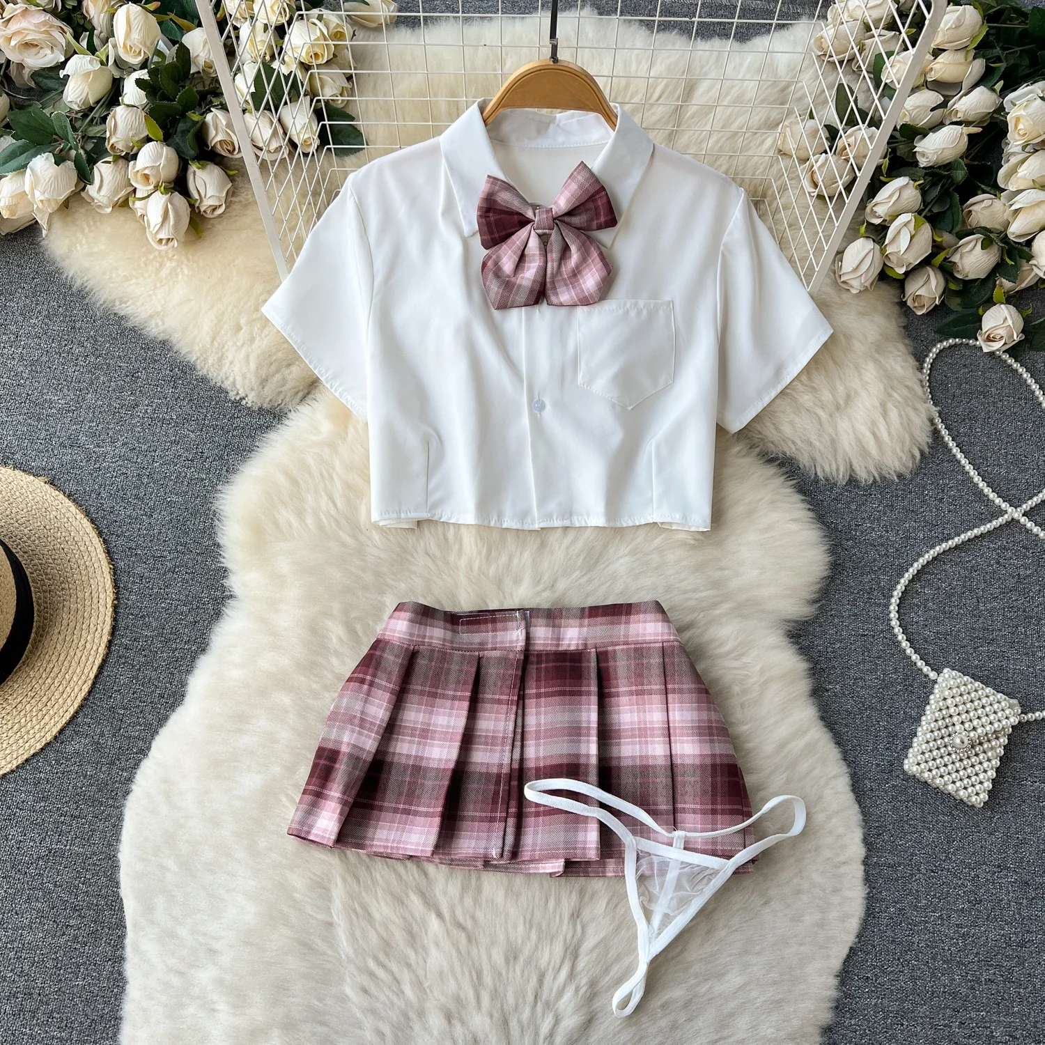 

White Miniature Pleated Skirt Set with Bowknot Shirt Sexy Jk Uniform Short Style Korean Japanese New Arrival for Young Women