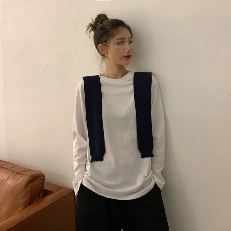 White Bottom Shirt for Women Spring Autumn 2023 Korean Style Solid Student Long Sleeve Tops Oversized T Shirt Fashion Streetwear