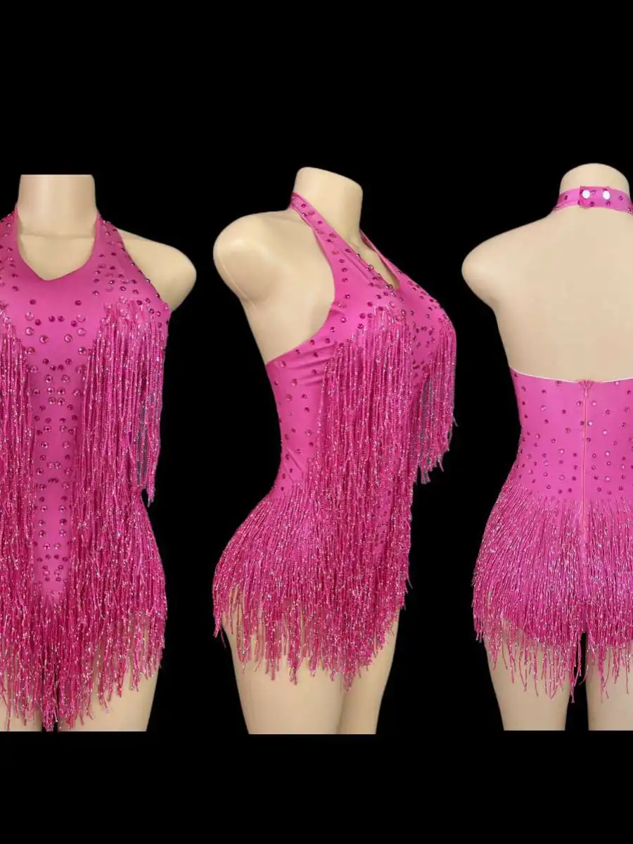 Hot Sale Neck Hanging Tassel Bright Diamond Sleeveless One-Piece Suit Latin Dance Performance Costume Women's Ethnic Stage Wear