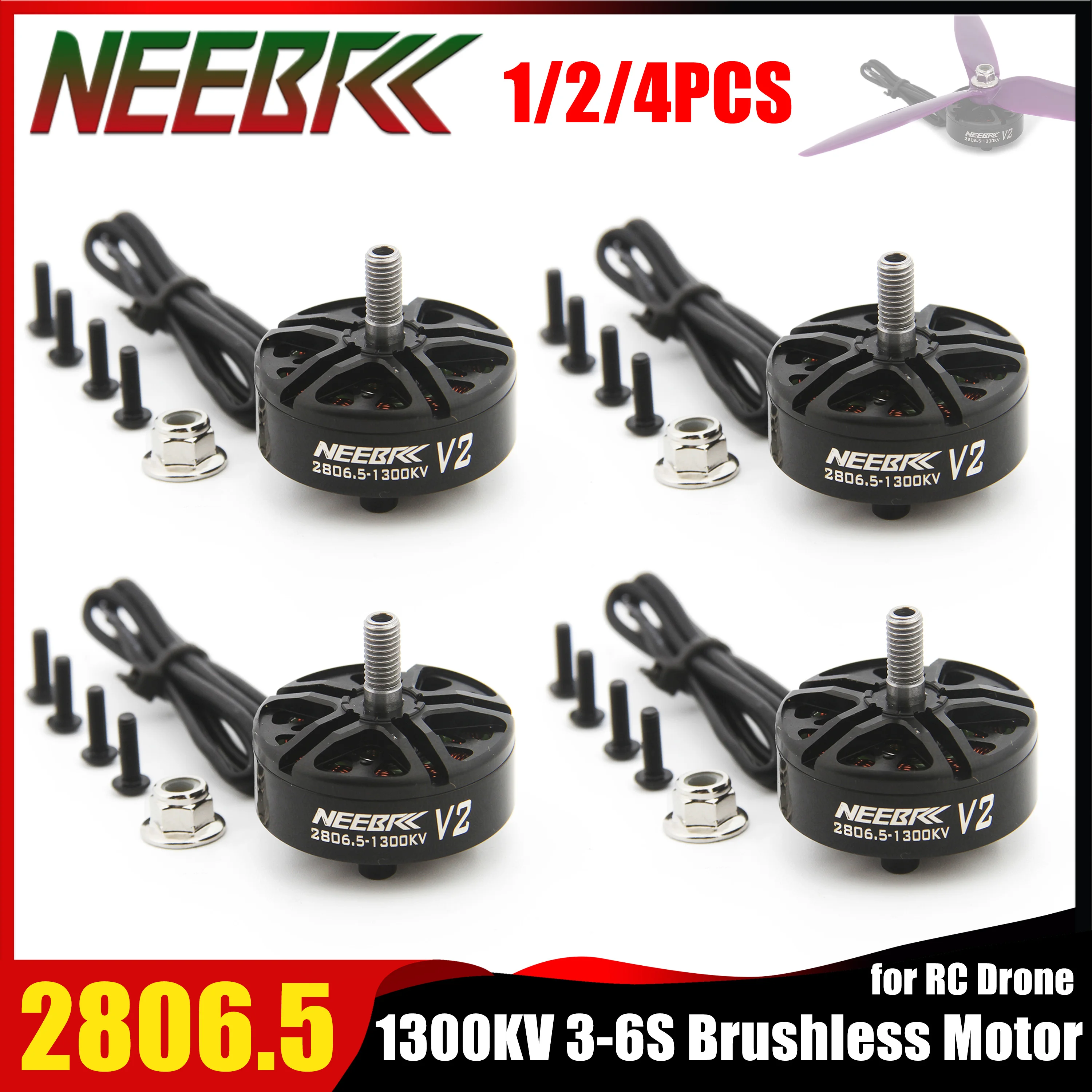 NEEBRC 1/2/4PCS 2806.5 1300KV V2 Outrunner Brushless Motor for RC FPV Racing Drone Fixed-wing APEX Mark4 Mark5 7040 Propellers