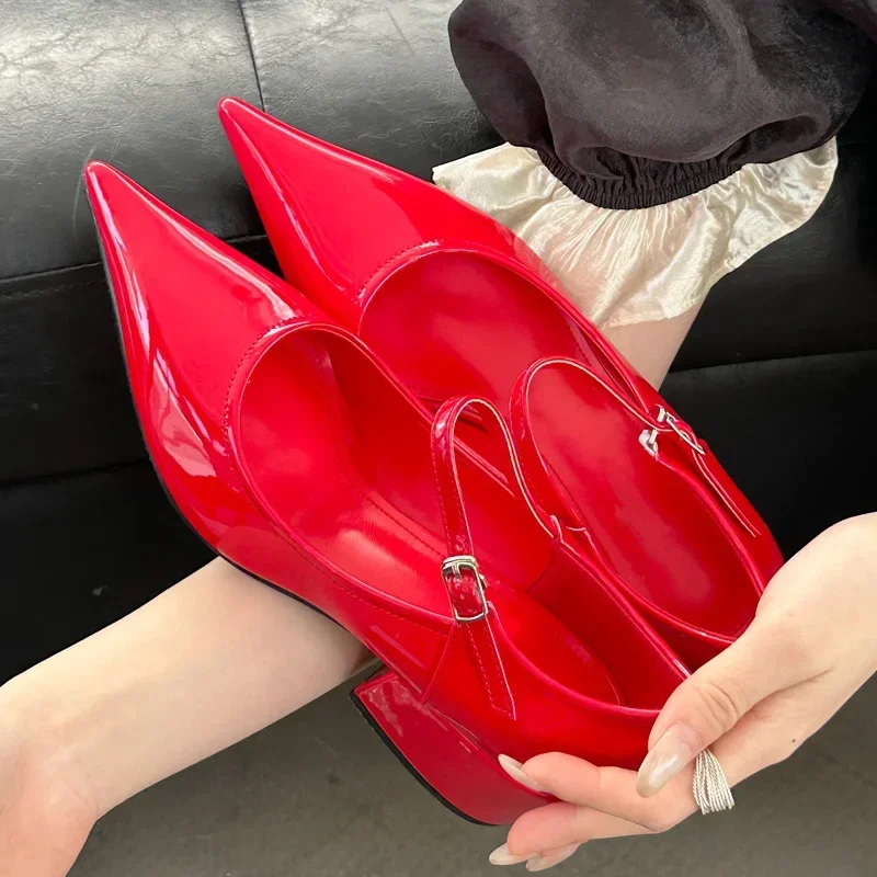 

Aneikeh Pointed Toe Pumps Sandals 2025 New Spring Patent Leather Buckle Strap Women Fashion Square Low Heels Wedding Shoes