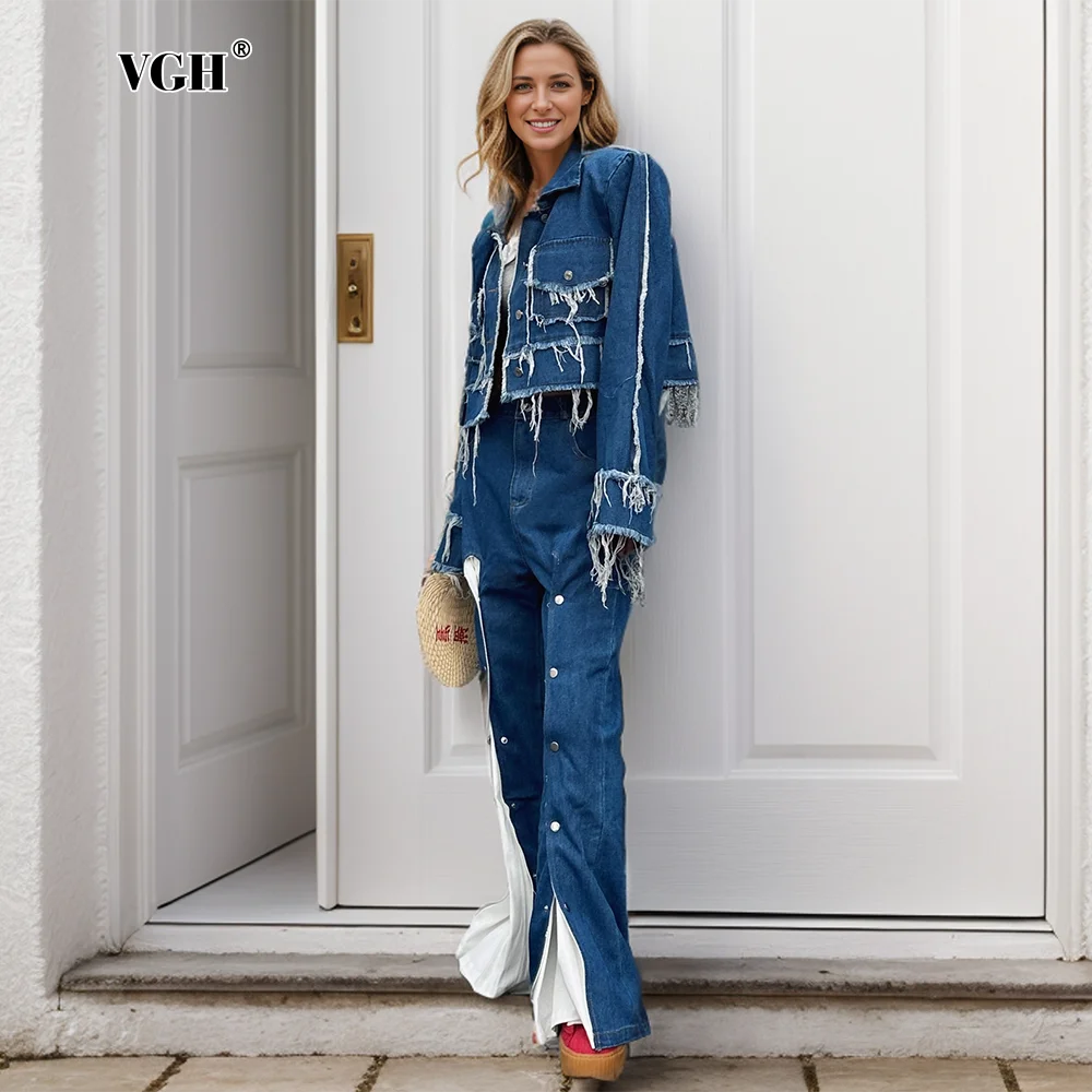 

VGH Streetwear Denim Two Piece Sets For Women Lapel Long Sleeve Spliced Tassel Coat High Waist Hit Color Jeans Casual Set Female