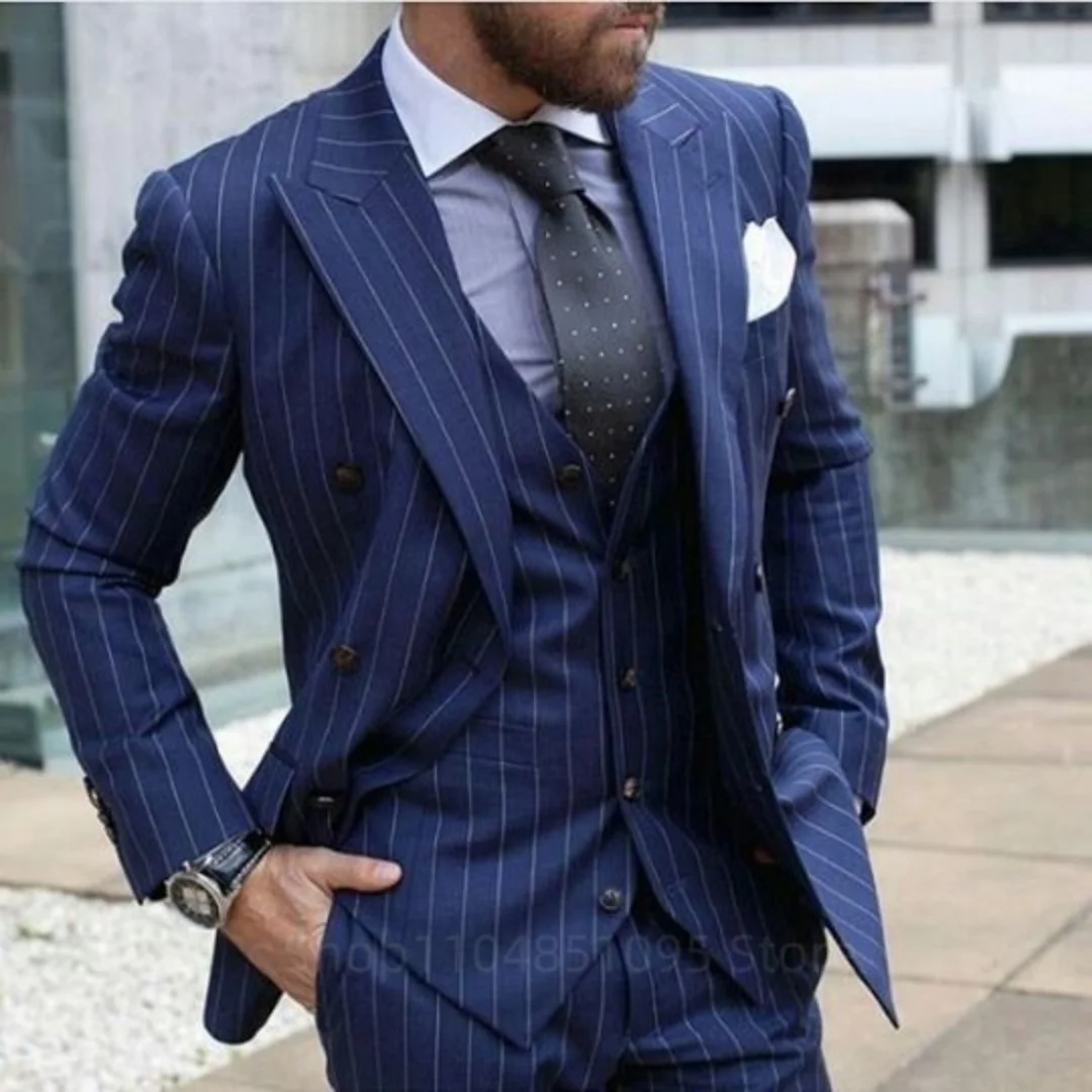 

Navy Blue Striped Men Suits Wedding Prom Party Tuxedo Custom Handsome Peak Lapel Blazer 3 Piece Men Clothing(Jacket+Pants+Vest)