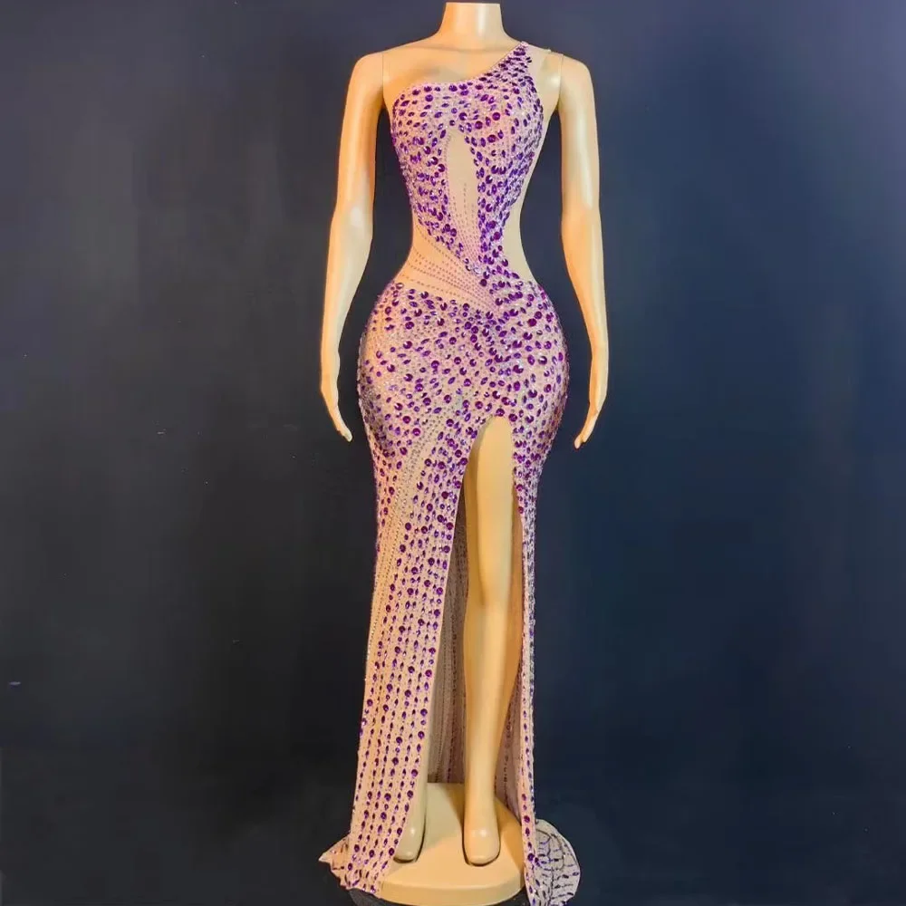 Purple Rhinestones Transparent Long Dress Evening Birthday Celebrate Single Shoulder Costume Women Dance Sexy Photography Dress