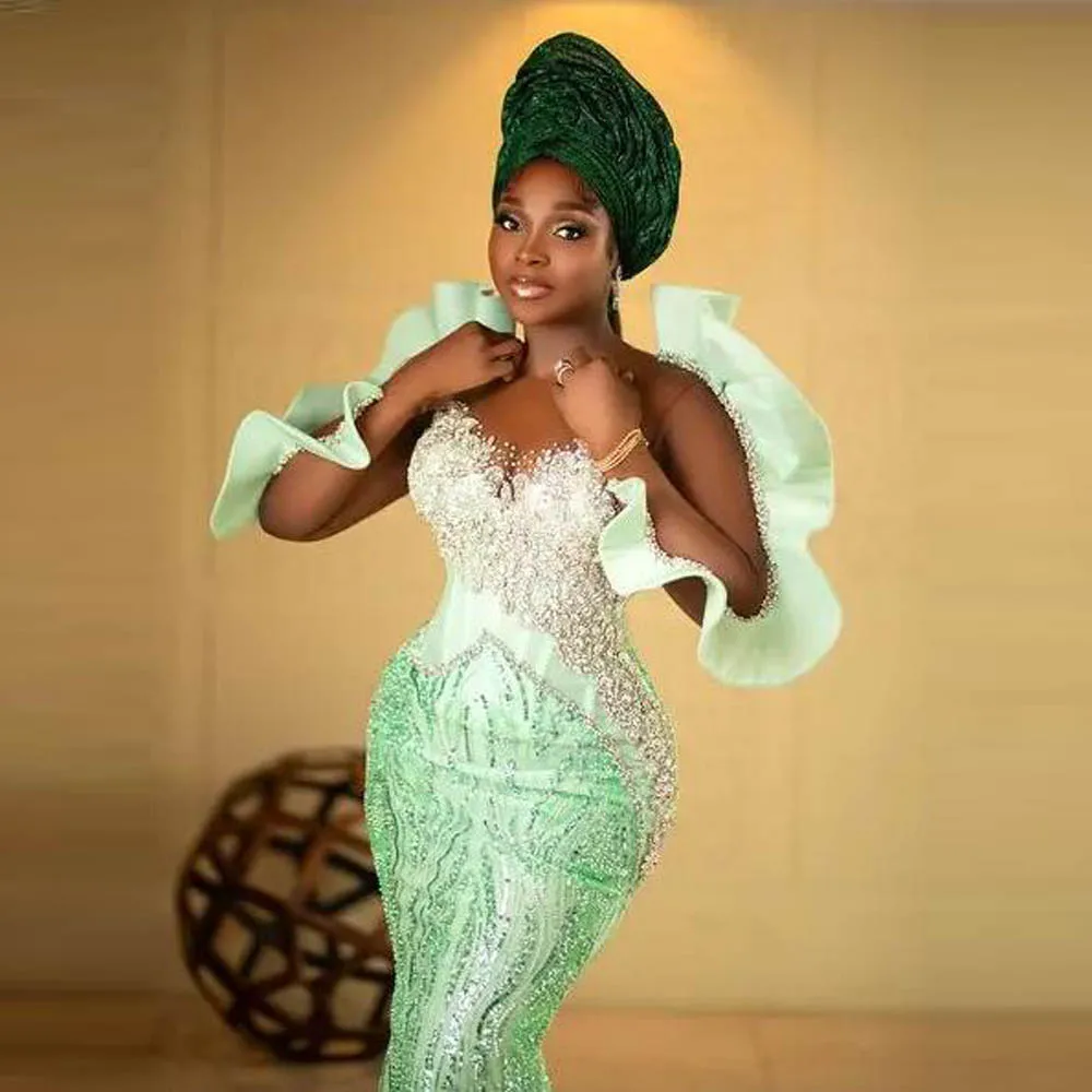 Nigerian Green Aso Ebi Evening Dresses WIth Ruffles Long Sleeves Lace Wedding Bridal Dress African Formal Plus Size Prom Dress