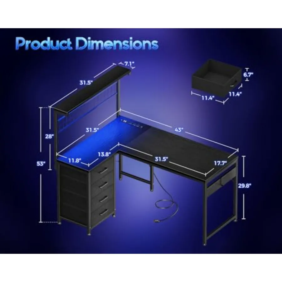 43 L Shaped Gaming Desk with Shelf 4 Drawers for home office use, engineered wood, black, spacious layout and ample storage