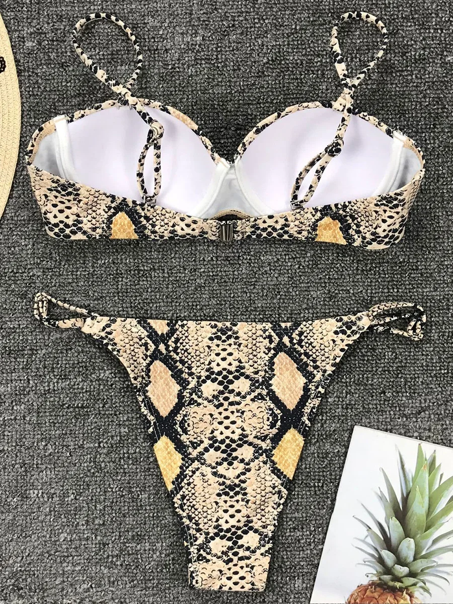 Sexy Snake Print Underwired Bra Cup Bikini Women Swimsuit Female Swimwear Two pieces Bikini set Micro thong Bathing Suit Swim