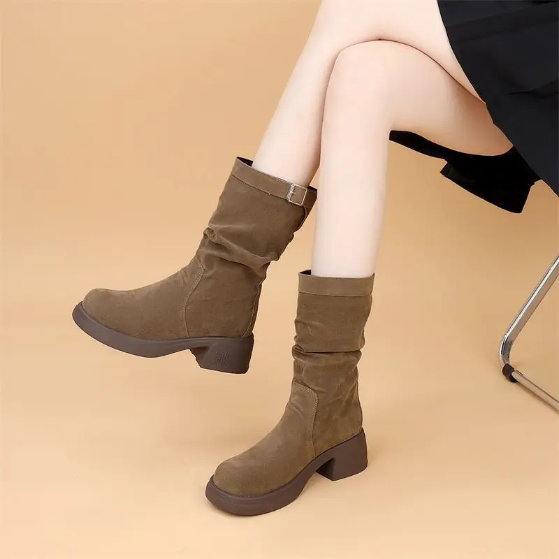 جولة تو كعب متوسط المرأة نصف أحذية عالية الخريف الشتاء الصوف مبطن منصة السيدات منتصف العجل أحذية أنيقة وأنيقة التمهيد #5