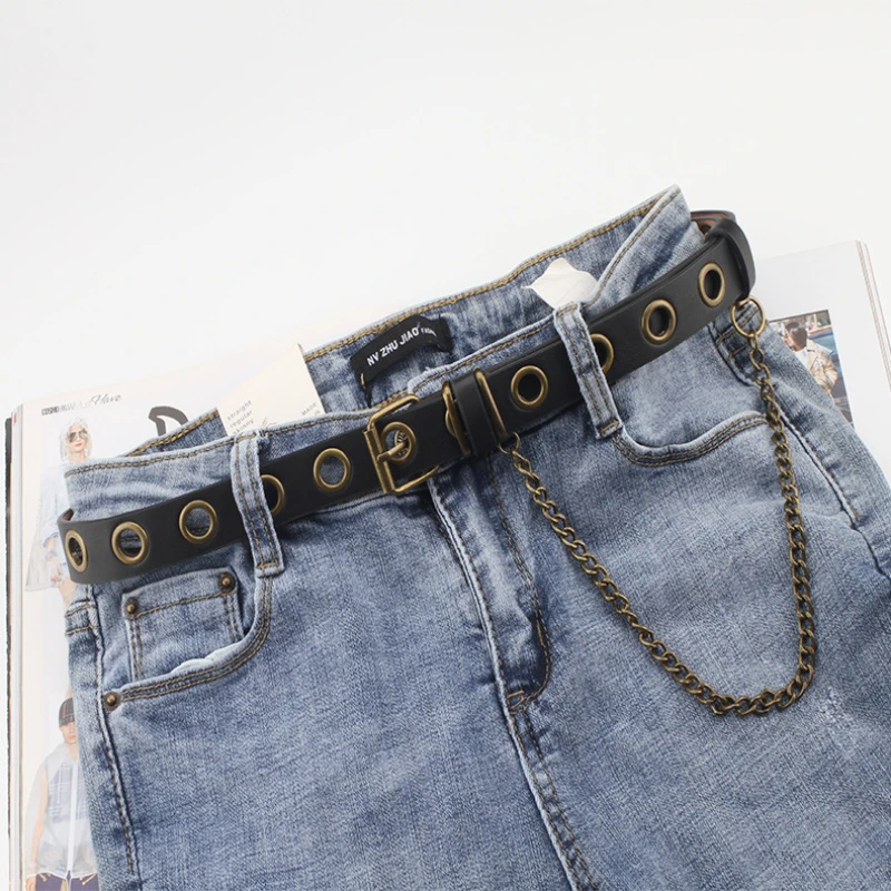 

Trendy Retro Women's Solid Color Faux Leather Needle Buckle Punk Waistband Fashionable Decoration Women's Jeans Chain Waistband