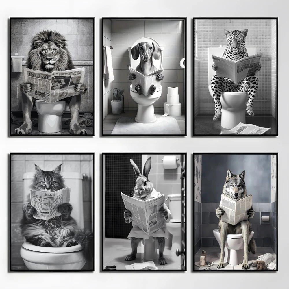 

An Animal Sits on The Toilet Reading a Newspaper Poster HD Art Mural Wallart Waterproof Vintage Print Decor for Home Decoration