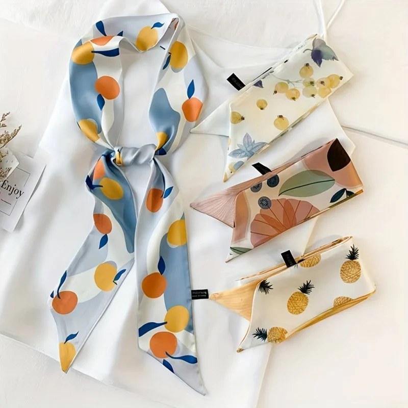 4pcs Fruit Print Decorative Ribbons Headband Women Korean Style Bow Scrunchie Hair Tie Ponytail Holder Satin Hair Rope Headwrap