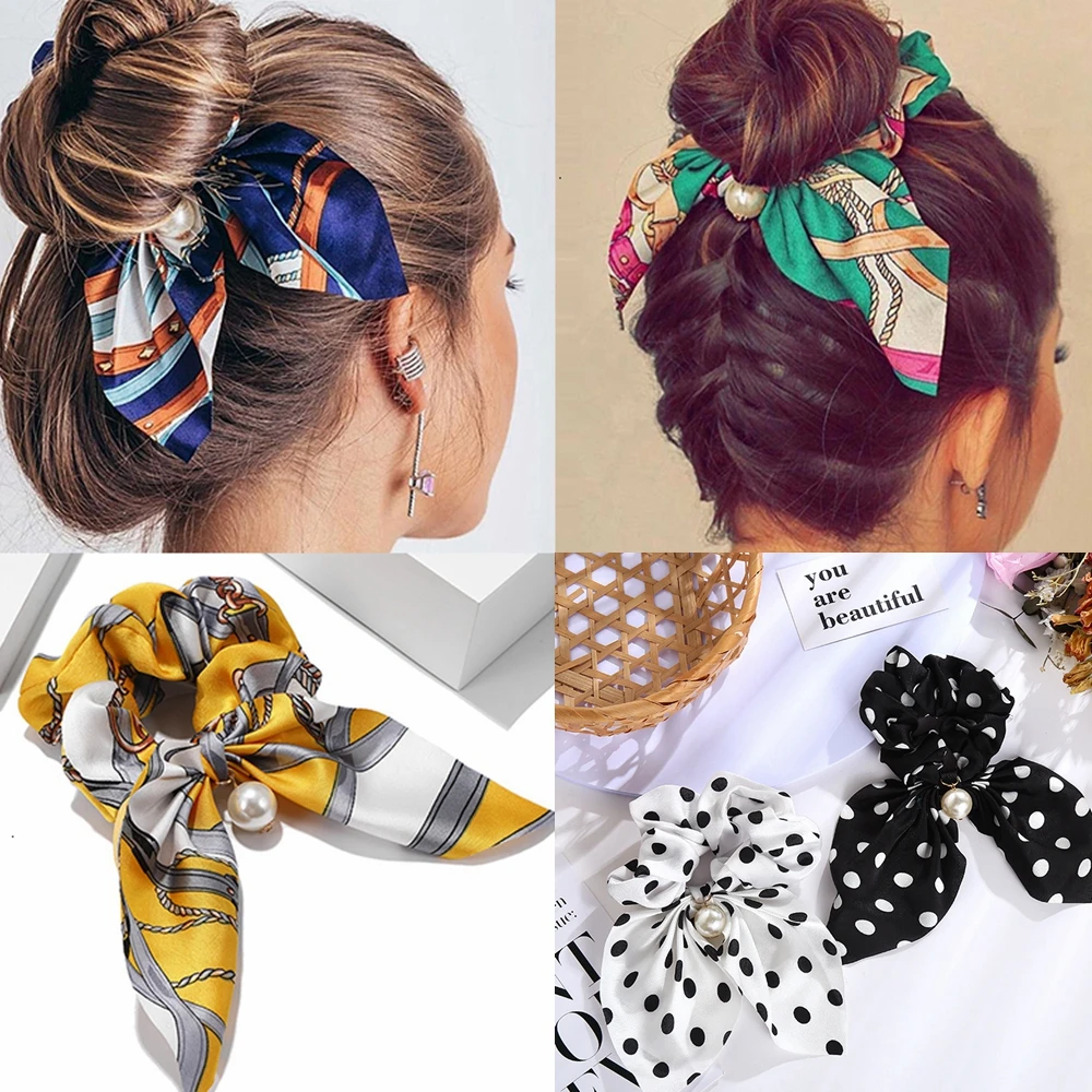 New Chiffon Bowknot Silk Hair Scrunchies Women Pearl Ponytail Holder Hair Ties Hair Rope Rubber Bands Headwear Hair Accessories