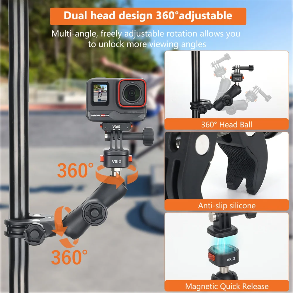 VRIG penjepit setang sepeda motor, dudukan kamera dengan kepala bola 360 magnetik pelepasan cepat untuk kamera GoPro DJI aksi Insta360