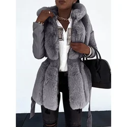 Fur Jacket for Women with Belt and Hood Solid Zip Coat Women's Clothing Thick Warm Winter PU Leather Fur Coats and Jackets 5XL