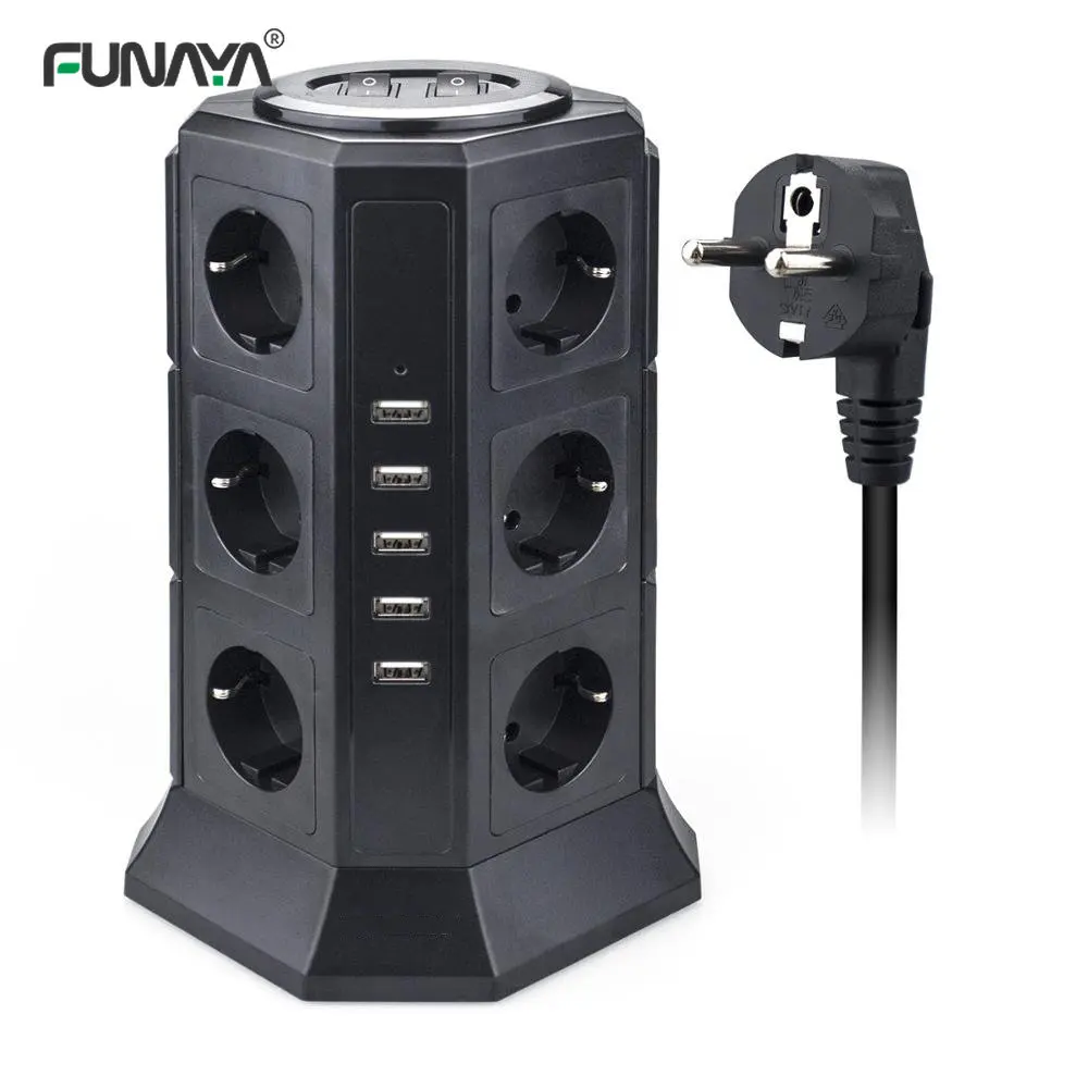 Tower Multi Power Strip Vertical EU Plug 12 Way Outlets Sockets with USB Surge Protector Circuit Protection 2m Extension Cord