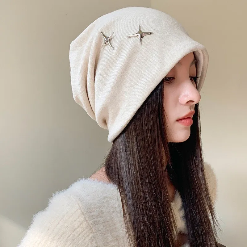 Slouchy Beanie Women Y2k Soft Travel Autumn Winter Cap Street Snap Four‑pointed Star Decor Gothic Skullcap Casual Outing Hat
