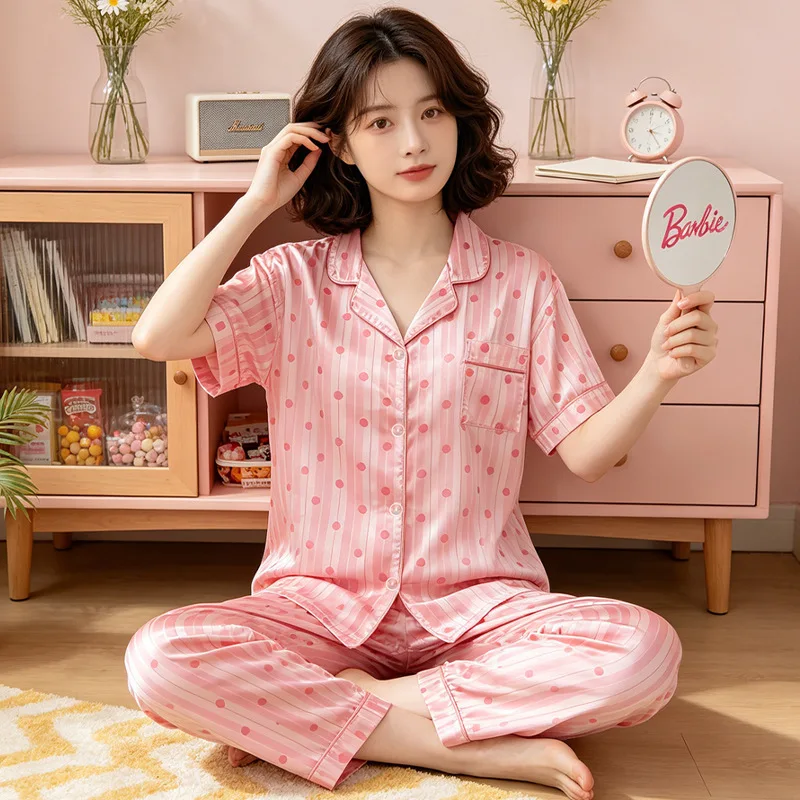 Sweet Striped Polka Dot Ice Silk Sleepwear Women's Summer High-End Temperament Short Sleeved Pants Home Suit Set Loungewear