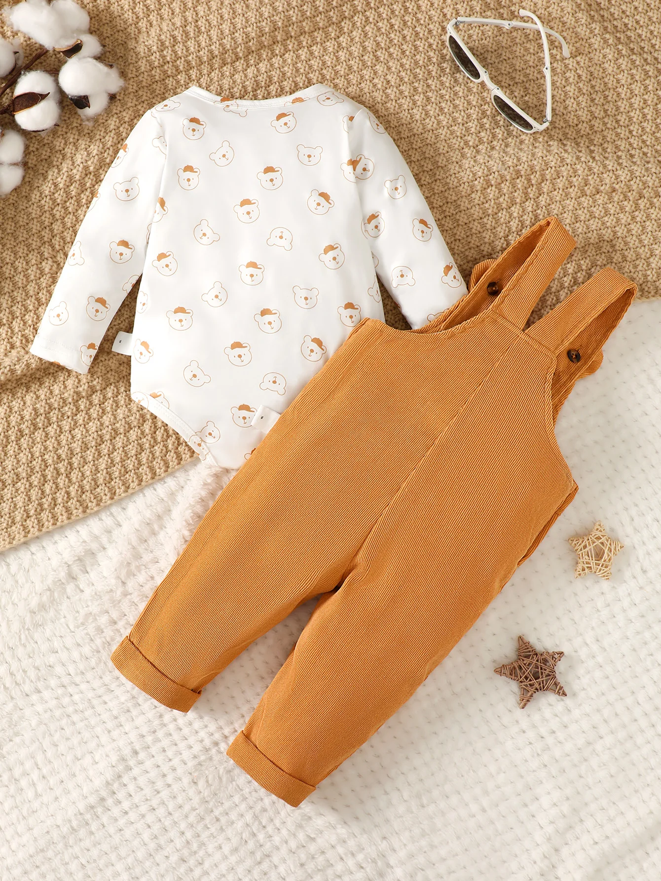 2PCS Infant Baby Boy Clothes Set Cute Bear Head Print Long Sleeve Bodysuit+Strap Spring&Autumn Suit for Toddler Boy 0-2 Years