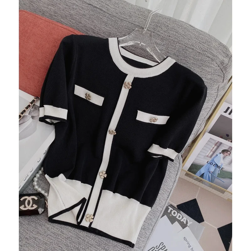 England Style Summer New Round Neck Vintage Contrast Color Chic Top Temperament Streetwear Office Lady Ladies Cardigan Shirt