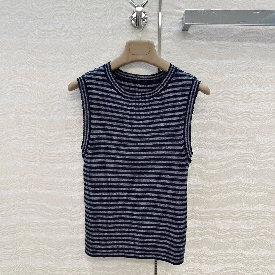 

2025 New Fashion Summer O-neck Sleeveless Navy Stripes Knitted Tank Top Women Casual Wool Cashmere Blends Slim Fit Vest Tops