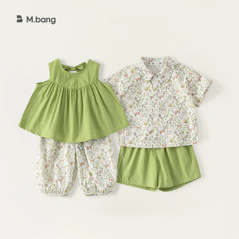 

Ins Summer Brother Sister Clothes Muslin Green Vest Top All Printed Pant Outfits Loose Polo Shirt+loose Shorts Suit Sibling Look